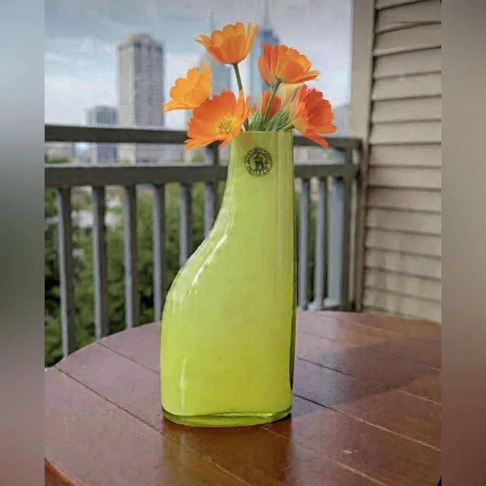 Vintage IKEA Okkso cased lime green glass asymmetrical bud vase. 1990’s
